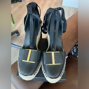 Black Salvatore Ferragamo Double Vara Bow Leather Wedge Espadrille
